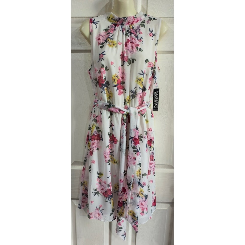 New York & Company Women Floral Mock Neck Sleeveless Tie Waist Dress Medium NWT